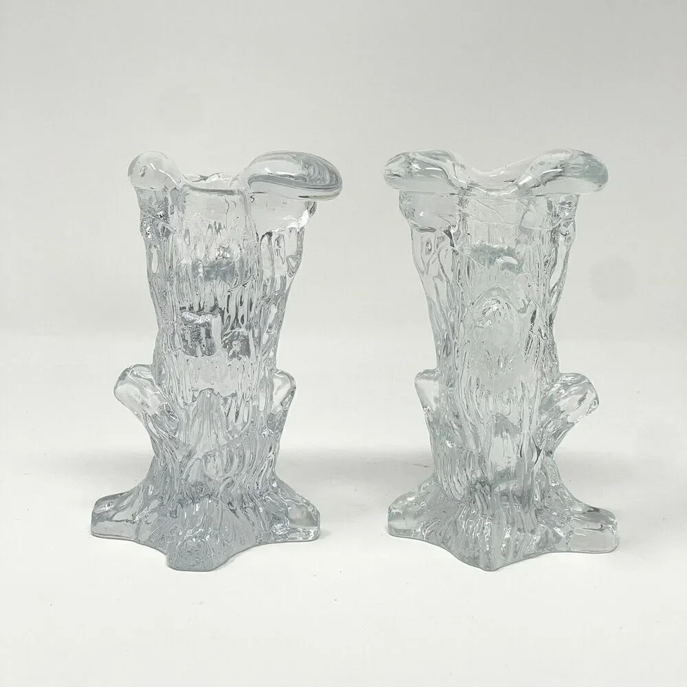 Swedish Art Glass Tree Stump Candle Sticks Holders Clear MCM Vintage 5
